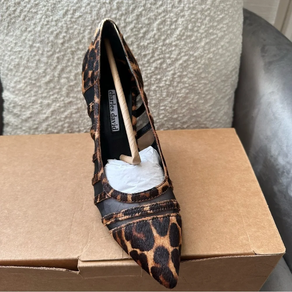 Charles David Leopard Mesh Stiletto Heels Size 8M Pointed Toe Y2K Quiet Luxury